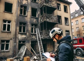 Na zdjęciu widzimy budynek poważnie uszkodzony przez pożar, z widocznymi śladami spalenizny i zniszczeniami, takimi jak pęknięte ściany i zawalony dach. Rzeczoznawca budowlany, w kasku ochronnym, przeprowadza dokładną inspekcję, analizując zakres szkód. To kluczowy moment oceny po pożarze, który pomoże określić niezbędne naprawy i przywrócić bezpieczeństwo budynku.