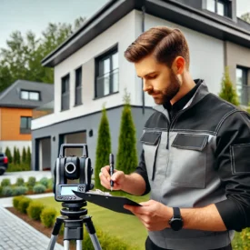 Ekspert budowlany w Zabierzowie wykonujący pomiary laserowe domu jednorodzinnego podczas inspekcji technicznej, na tle nowoczesnej architektury i zieleni.