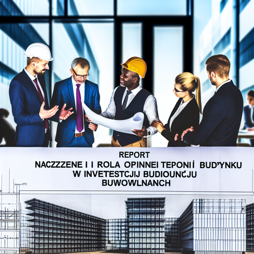 Nowoczesny budynek w mieście z blueprintem, inżynierowie omawiający plany. Tytuł raportu na górze.