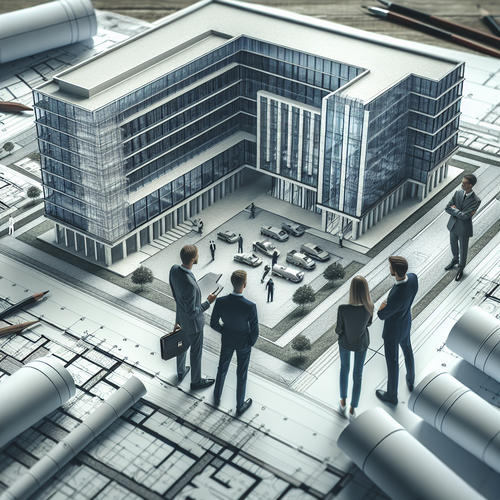 Nowoczesny budynek z planami budowlanymi, architekci i inżynierowie w dyskusji.